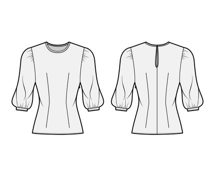 Blouse technical fashion illustration with round neckline, puffy mutton sleeves, fitted body, side zip fastening.