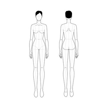 Fashion template of standing women with main lines. 9 head size croquis for technical drawing. Lady figure front and back view. Vector outline girl for fashion sketching and illustration.