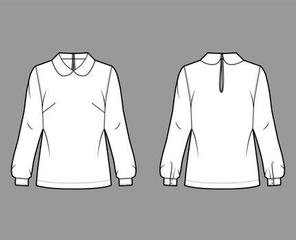 Round collar blouse technical fashion illustration with loose silhouette, long sleeve, back button-fastening keyhole.