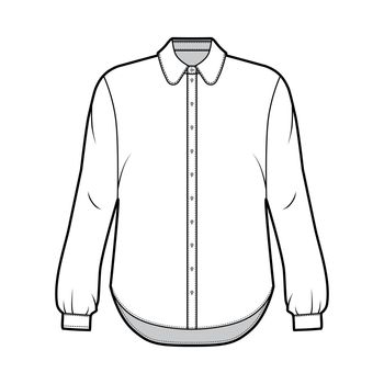 Classic shirt technical fashion illustration with button down front opening, round collar, long sleeves, oversized