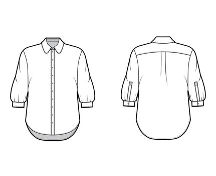 Classic shirt technical fashion illustration with button down front opening, round collar, elbow sleeves, oversized