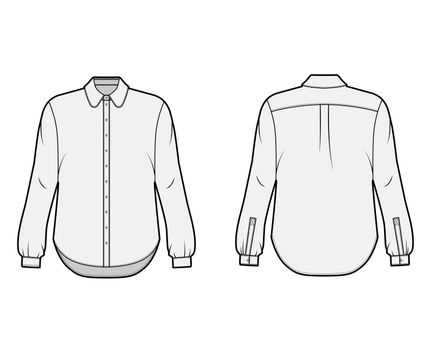 Classic shirt technical fashion illustration with button down front opening, round collar, long sleeves, oversized