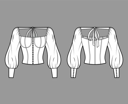 Victorian button-embellished blouse technical fashion illustration with corset-style body, billowy sleeves