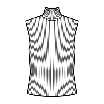 Turtleneck rib sweater technical fashion illustration with oversized body, sleeveless jumper.