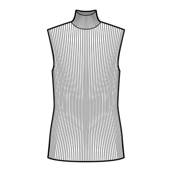 Turtleneck rib sweater technical fashion illustration with oversized tunic length body, sleeveless jumper.