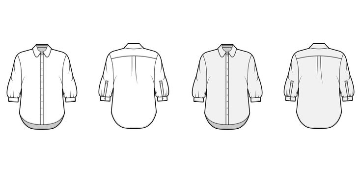Classic shirt technical fashion illustration set with button down front opening, round collar, elbow sleeves, oversized