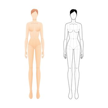Fashion template of standing women with main lines. 9 head size croquis for technical drawing. Lady figure front view. Vector outline and nude girl for fashion sketching and illustration.