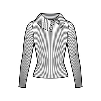 Wide button-up turtleneck ribbed-knit sweater technical fashion illustration with long sleeves, close-fitting shape. Flat sweater apparel template front, white color. Women, men, unisex shirt top CAD