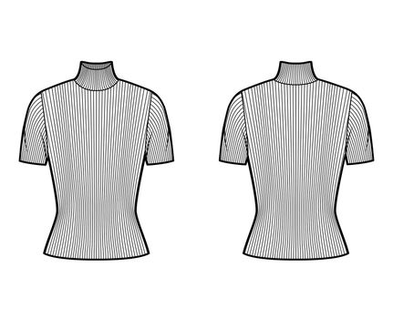 Turtleneck ribbed-knit sweater technical fashion illustration with short rib sleeves, close-fitting shape.
