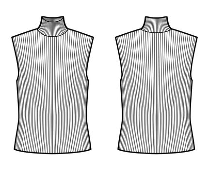 Turtleneck rib sweater technical fashion illustration with oversized body, sleeveless jumper.