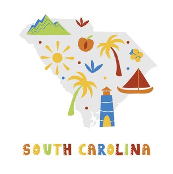 USA map collection. State symbols on gray state silhouette - South Carolina