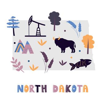 USA map collection. State symbols on gray state silhouette - North Dakota