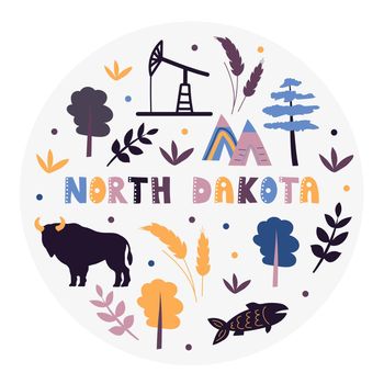 USA collection. Vector illustration of North Dakota theme. State Symbols
