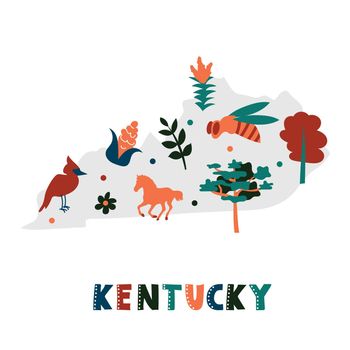 USA map collection. State symbols on gray state silhouette - Kentucky