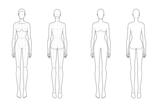 Fashion template of standing women with and without main lines. 9 head size for technical drawing. Lady figure front and back view. Vector outline girl for fashion sketching and illustration.