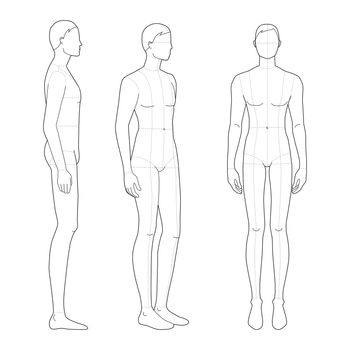 Fashion template of standing men in 3 poses. 9 head size for technical drawing with main lines. Gentlemen figure front, 3-4 and side view. Vector outline boy for fashion sketching and illustration.