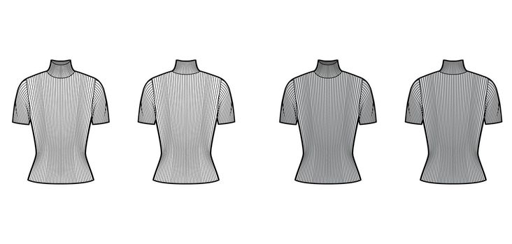 Turtleneck ribbed-knit sweater technical fashion illustration with short rib sleeves, close-fitting shape.