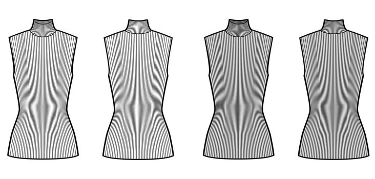 Turtleneck rib sweater technical fashion illustration with fitted tunic length body, sleeveless jumper.
