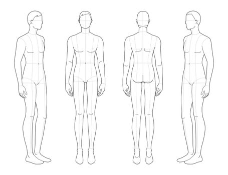 Fashion template of standing men. 9 head size for technical drawing with main lines. Gentlemen figure front, 3-4 and back view. Vector outline boy for fashion sketching and illustration.