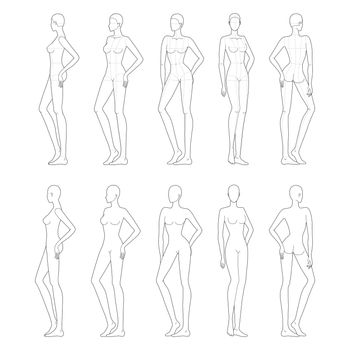 Fashion template of women in standing pose. 9 head size for technical drawing with main lines. Lady figure front, back, 3-4 and side view. Vector outline girl for fashion sketching and illustration.