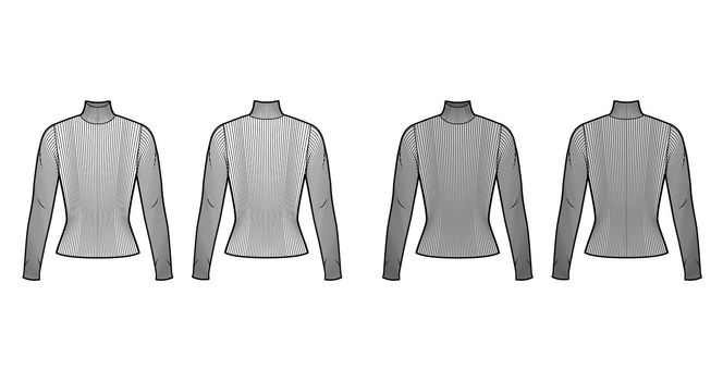 Turtleneck ribbed-knit sweater technical fashion illustration with long sleeves, close-fitting shape. Flat sweater apparel template front, back white grey color. Women men, unisex shirt top CAD mockup