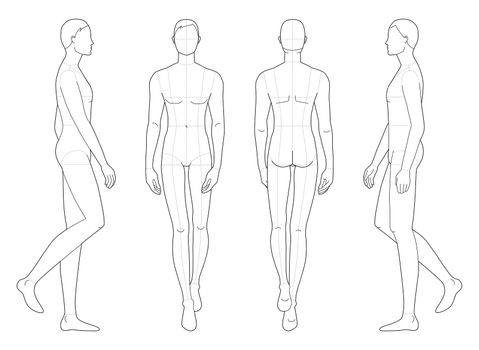 Fashion template of walking men. 9 head size for technical drawing with main lines. Gentlemen figure front, side and back view. Vector outline boy for fashion sketching and illustration.