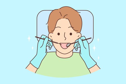 Smiling child get dentist treatment in hospital. Happy kid receive oral hygiene in clinic. Healthcare and medicine. Vector illustration.