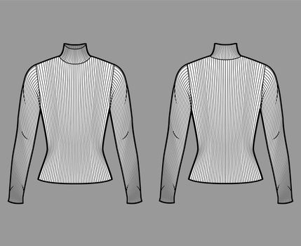 Turtleneck ribbed-knit sweater technical fashion illustration with long sleeves, close-fitting shape.