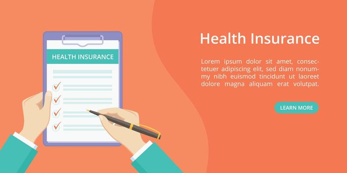 Landing health insurance on clipboard with hands