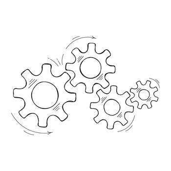 Hand drawn mechanical cog and gear sketch graphic