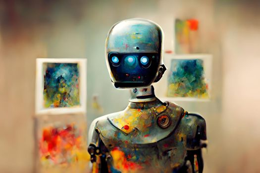 anthropomorphic robot artist in his studio, close portrait, neural network ai generated art