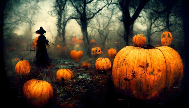 scary pumpkin heads in dark halloween forest, neural network generated image.