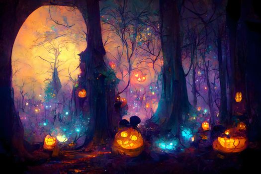 glowing pumpkin heads in dark halloween magic forest, neural network generated image.