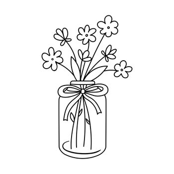 Flowers in jar. Wildflowers in glass bottle. Vector outline illustration isolated on white for coloring book