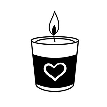 Candle sketch in glass with heart. Vector burning candle doodle isolated on white background