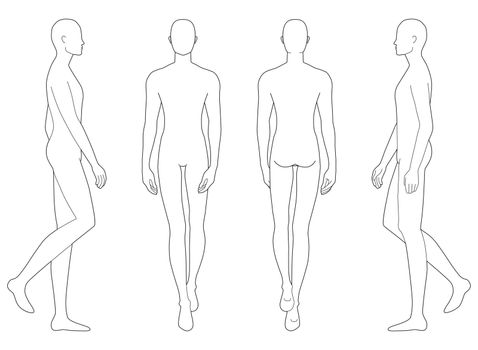 Fashion template of walking men in different point of view. 9 head size for technical drawing. Gentlemen figure front, side and back view. Vector outline boy for fashion sketching and illustration.