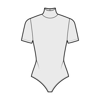 Ballet stretch-jersey turtleneck bodysuit technical fashion illustration with short sleeves. Flat one-piece apparel
