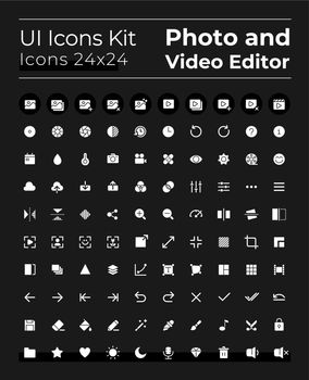 Photo and video editor tools white glyph ui icons set for dark mode