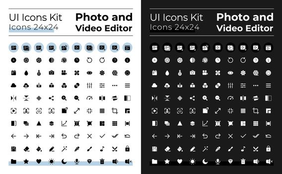 Photo and video editor white glyph ui icons set for for dark, light mode
