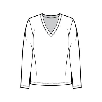 Cotton-jersey shirt technical fashion illustration with relaxed fit, plunging V-neckline, long sleeves. Flat outwear basic apparel template front, white color. Women, men, unisex top CAD mockup.