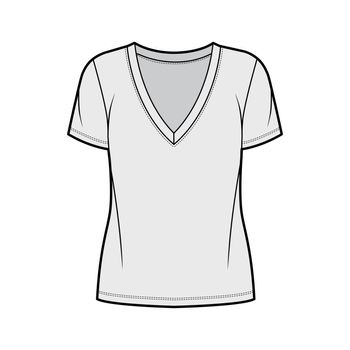 Cotton-jersey t-shirt technical fashion illustration with plunging V-neckline, short sleeves, tunic length, oversized