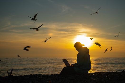 Caucasian woman typing on a laptop on the seashore. Girl freelancer works on the beach and seagulls fly at sunset.
