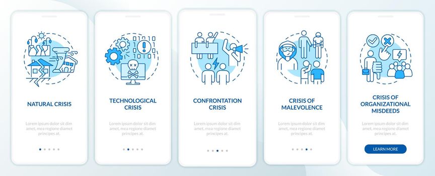 Types of crisis blue onboarding mobile app screen