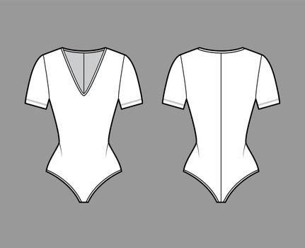 Stretch-jersey bodysuit technical fashion illustration with plunging V-neck, short sleeves, back zip fastening one-piece
