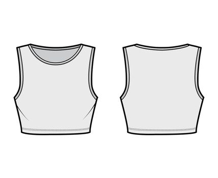 Under bust crop top technical fashion illustration with slim fit, crew neckline cotton-jersey tank. Flat camisole