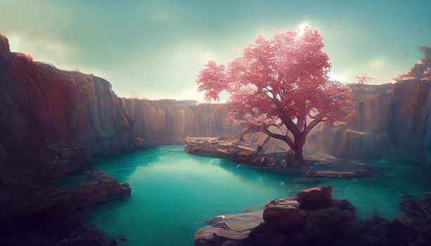 Single pink tree is surrounded by turquoise still water inside a massive cavern. Sun rays shine on the tree with a rock wall in the background. 3D illustration