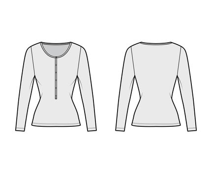 Cotton-jersey top technical fashion illustration with long sleeves, slim fit, scoop henley neckline. Flat basic apparel