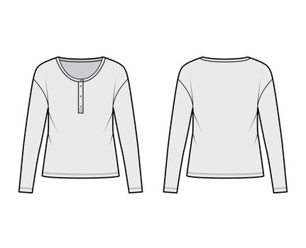 Classic mens style cotton-jersey top technical fashion illustration with long sleeves, scoop henley neckline shirt