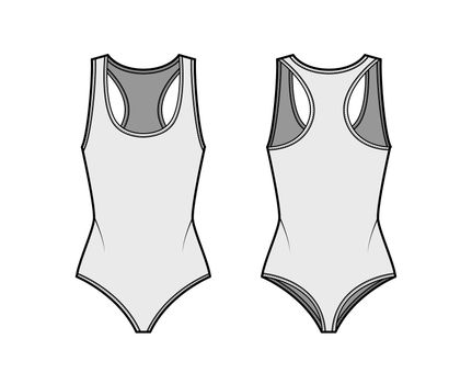 Cotton-jersey thong bodysuit technical fashion illustration with racer-back, deep U-neckline. Flat outwear one-piece