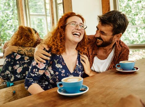 fun woman man couple cafe lifestyle happy together smiling love cheerful coffee shop